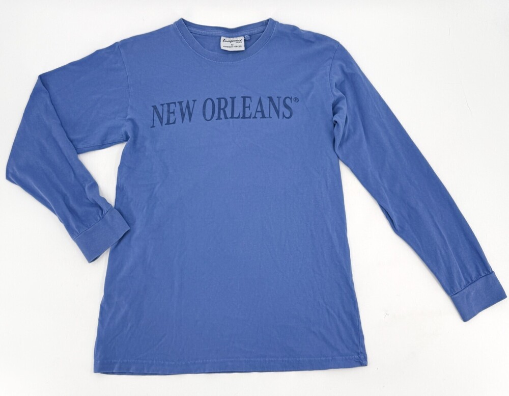 Comfortex New Orleans Shirt Womens Medium Blue Spell Out Long Sleeve T-Shirt